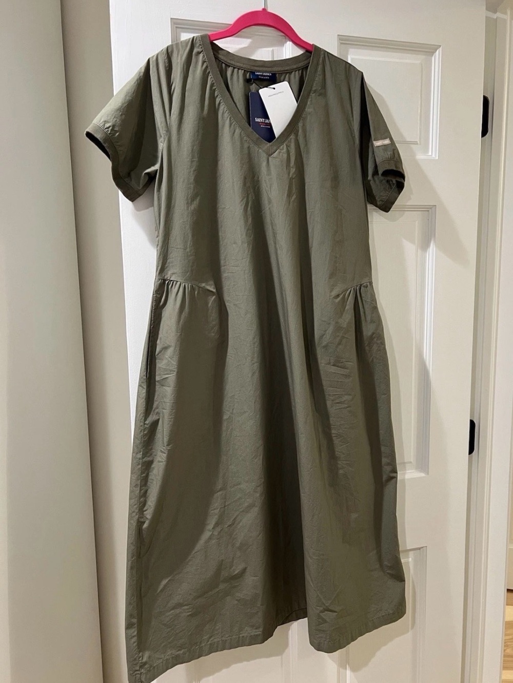 Saint James Olive Green V-Neck Midi Dress cotton size 40/US 10 - Picture 8 of 11